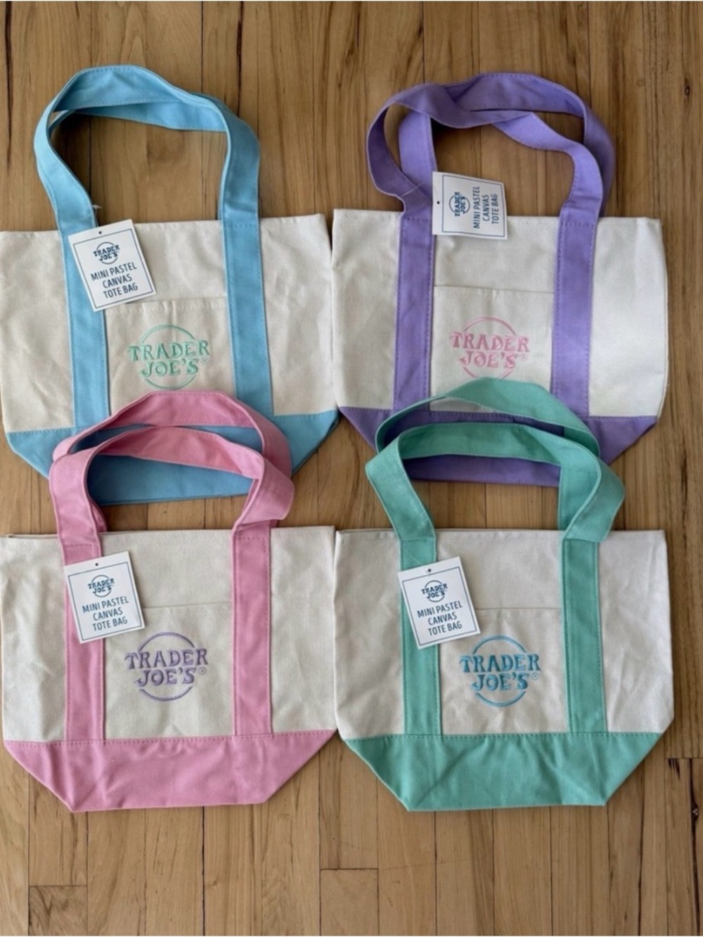 4 Trader Joe's Mini Canvas Pastel Easter Totes-Tags-Green, Pink, Blue, Purple